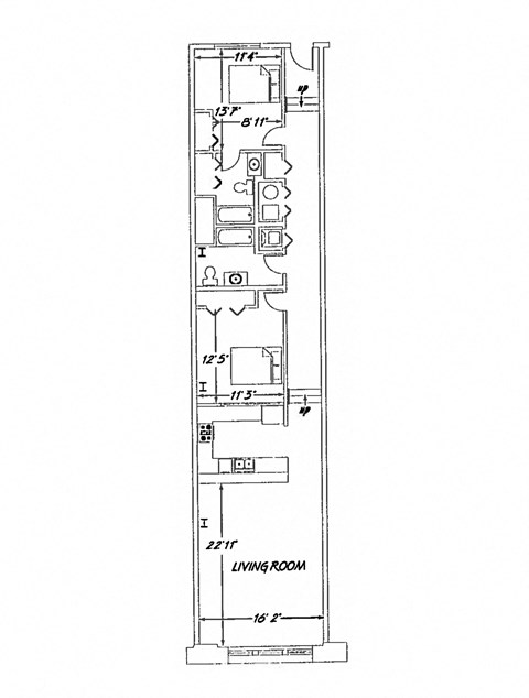 Floor plan for 2 beds, 2 baths, 1287 sqft